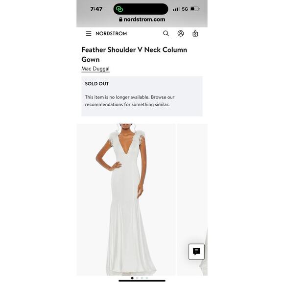 Mac Duggal Exquisite Feather Shoulder V-Neck Column Gown White Size 6 NWT - Picture 6 of 13